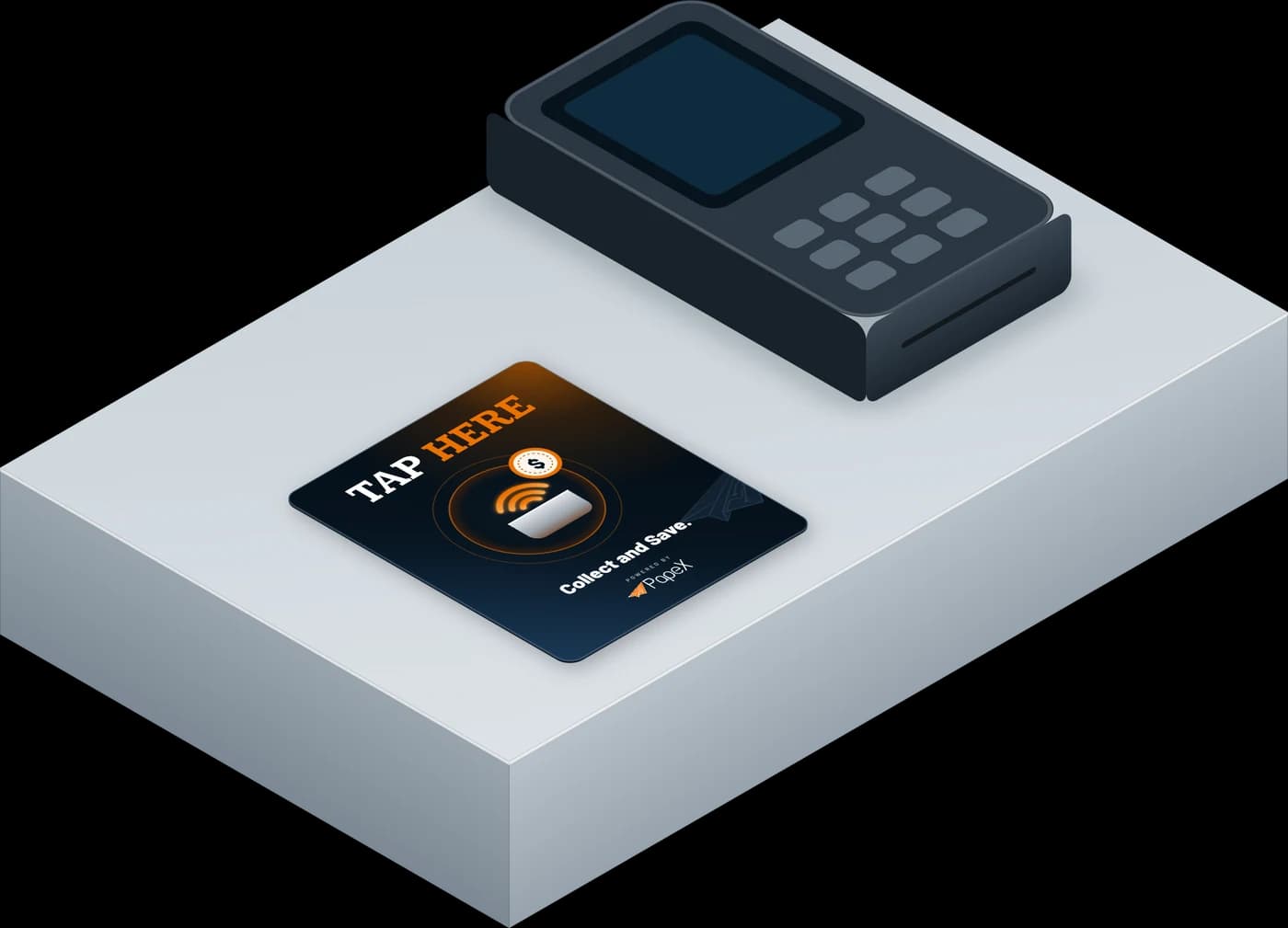 The PapeX sticker lying on the counter: "TAP HERE" beside a phone with signal waves and a coupon badge, "Collect and Save.", powered by PapeX.